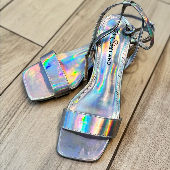 NWOT! SHOELAND Holographic Iridescent Square Toe Block Low Heels - Picture 1 of 7
